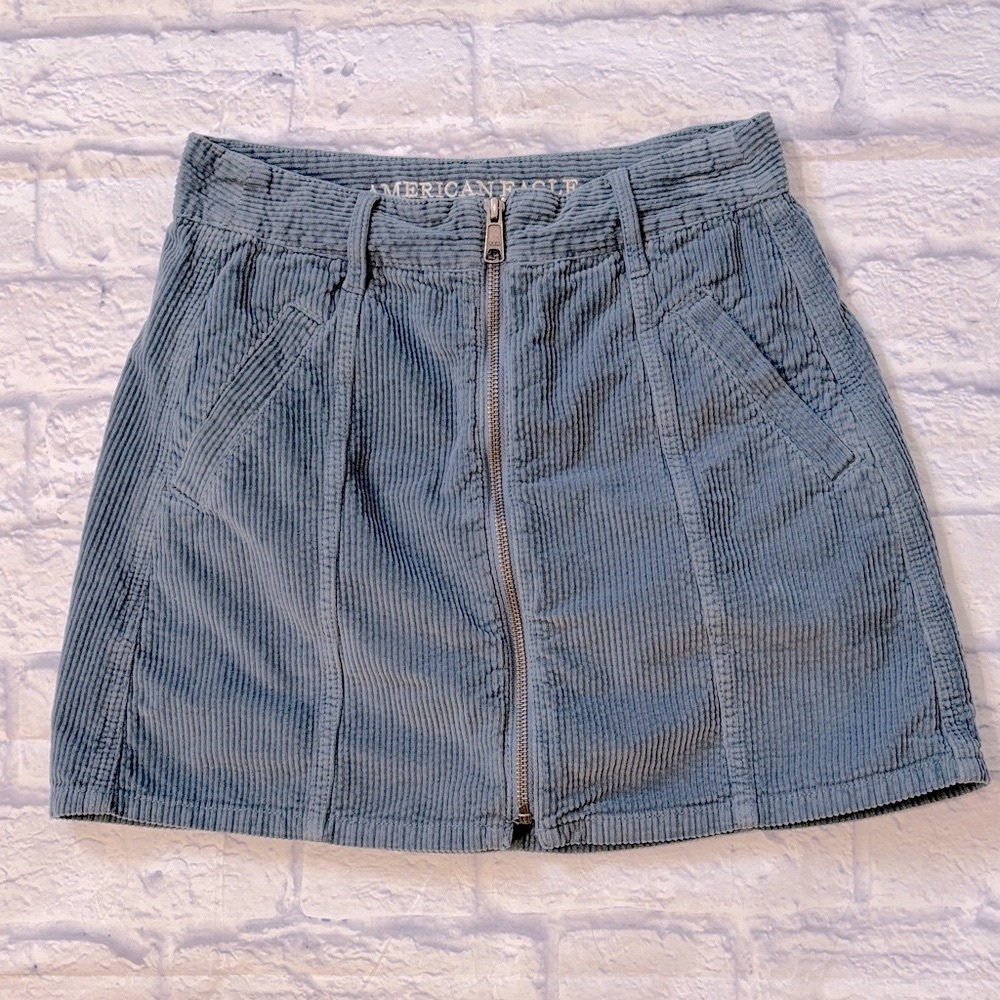 American Eagle High Rise A Line Mini Skirt Blue Gray Corduroy Zip Front Size 0